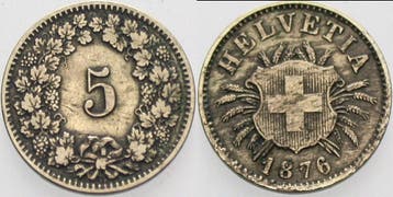 5 Rappen 1876 B Schweiz-eidgenossenschaft, Postzegels en Munten, Verzenden, België