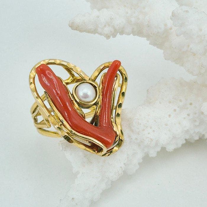 Koraal - Zilver, Verguld, Zonder voorbehoud - Ring - CORALLO, Antiek en Kunst, Curiosa en Brocante