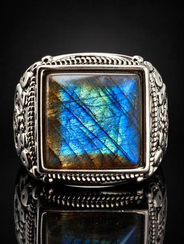 Blauwe Labradoriet Ring - 925 Sterling Zilver - Verstelbaar