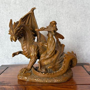Statue, Fee met draak - 17 cm - Bronze