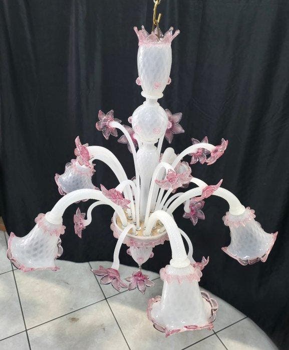 Lustre - Biancolatte - Verre de Murano - 5 lumières, Antiquités & Art, Antiquités | Éclairage