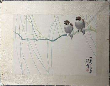 Pair of Woodblock Color Prints – Two Sparrows & Willow