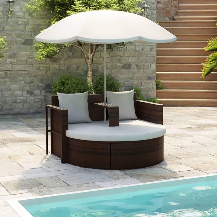 vidaXL Tuinbed met parasol poly rattan bruin, Tuin en Terras, Ligbedden, Nieuw, Verzenden