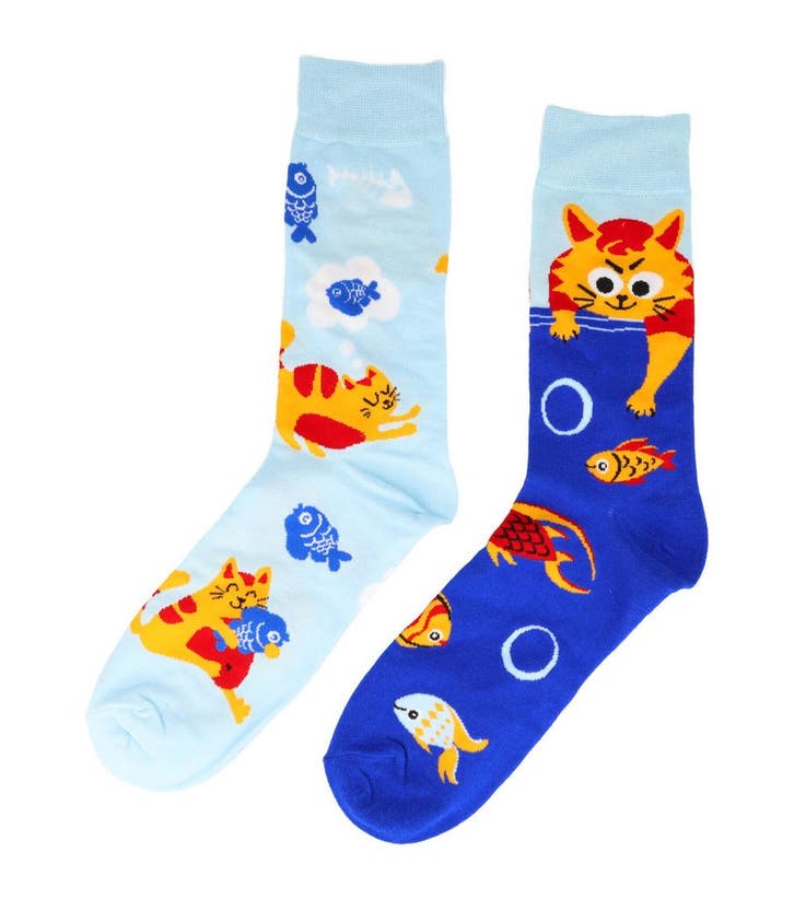 Sokken katoen - kat vis print - blauw oranje - maat 38-46, Kleding | Dames, Sokken en Kousen