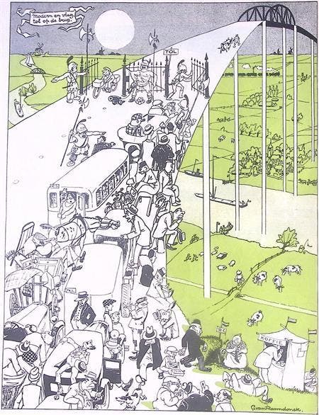 Spotprent over tolheffing op de bruggen (lijst optie), Antiek en Kunst, Kunst | Litho's en Zeefdrukken, Verzenden