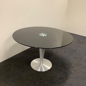 design ronde glazen tafel doorsnede 120 cm, gehard zwart, Gebruikt