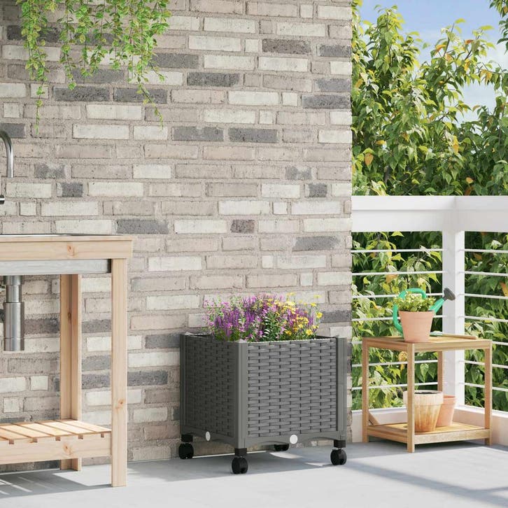 vidaXL Tuin planter met wielen Lichtgrijs 40 x 40 x 48 cm PP, Tuin en Terras, Bloempotten, Nieuw, Verzenden