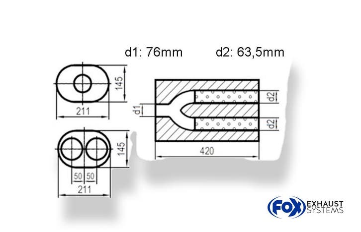 FOX Universele geluiddemper ovaal dubbele stroom met slang -, Autos : Pièces & Accessoires, Systèmes d'échappement, Envoi