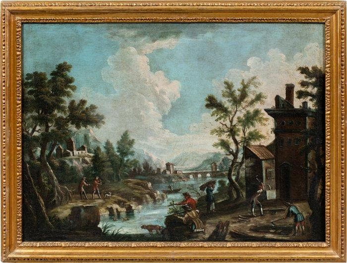 Venetian school (XVIII) - River landscape with hunters and, Antiquités & Art, Art | Peinture | Classique
