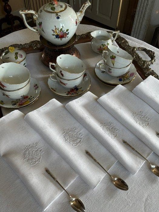 5 vroege XXe-eeuwse batisten damast katoenen servetten met, Antiek en Kunst, Antiek | Tapijten, Tafelkleden en Textiel