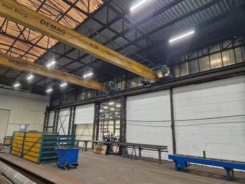 2x Demag enkelligger bovenloopkraan ± 17.000mm x 6.3t, Ophalen, Gebruikt