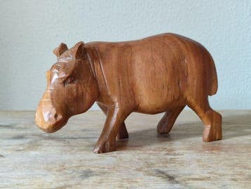sculptuur, Large Handmade Wooden Hippo Mother with Child -