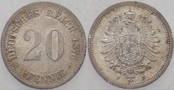 20 Pfennig 1876 F Kleinmunten-kaiserreich Kleiner Adler, Postzegels en Munten, Verzenden, België