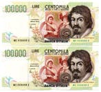 Italië. - 2 X 5.000 e 2 X 100.000 Lire numeri consecutivi, Postzegels en Munten, Bankbiljetten | Europa | Niet-Eurobiljetten