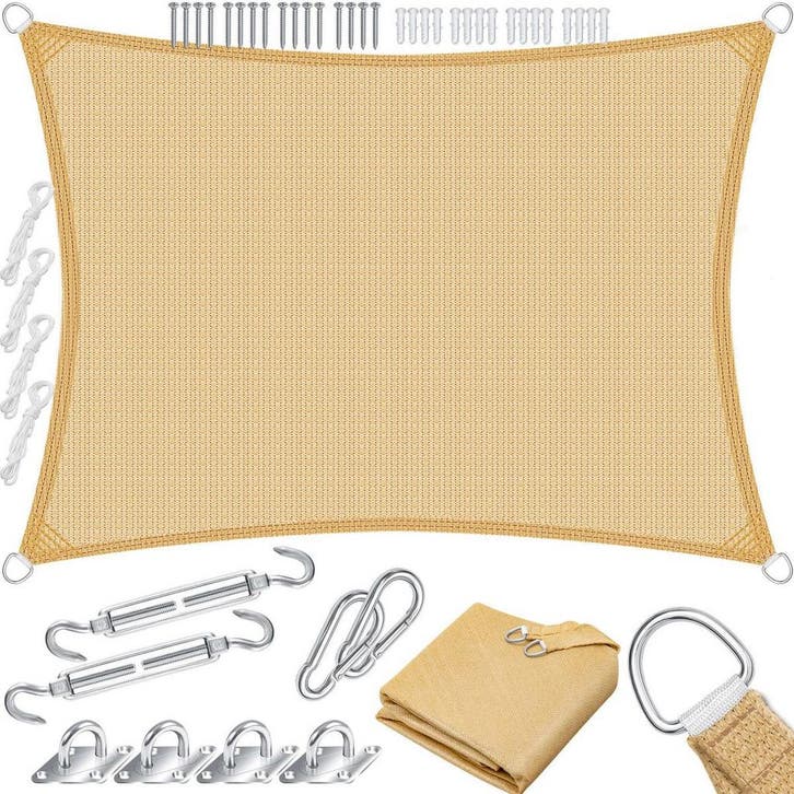 Schaduwdoek - Zonnezeil - Rechthoekig - 5x7 m - Zand - KESSE, Tuin en Terras, Schaduwdoeken, Nieuw, Verzenden