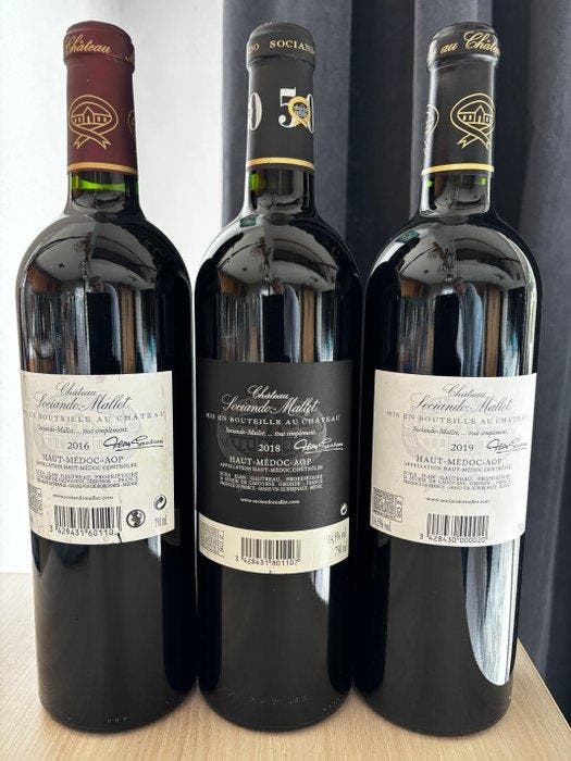 2016 , 2017 & 2019 Sociando-Mallet - Haut-Médoc - 3 Flessen, Verzamelen, Wijnen