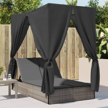 vidaXL Ligbed tweepersoons met dak en gordijn poly rattan, Verzenden