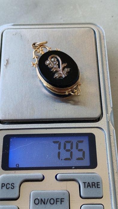 Pendentif - 18 carats Or jaune Onyx - Perle, Bijoux, Sacs & Beauté, Bijoux anciens
