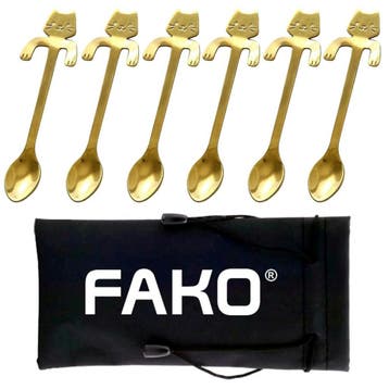 Fako Bijoux - 6x Theelepel / Koffielepel Hangende Kat - Goud, Verzenden