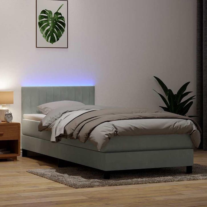 vidaXL Boxspring met matras en LED fluweel lichtgrijs 90x210, Maison & Meubles, Chambre à coucher | Lits, Envoi