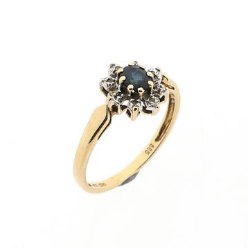 Gouden ring met saffier en diamant; 0,04 ct., Handtassen en Accessoires, Ringen, 18 tot 19, Gebruikt, Ophalen of Verzenden, Met edelsteen