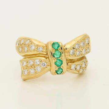 Bague - 18 carats Or jaune - 0.36ct. tw. Émeraude - Diamant