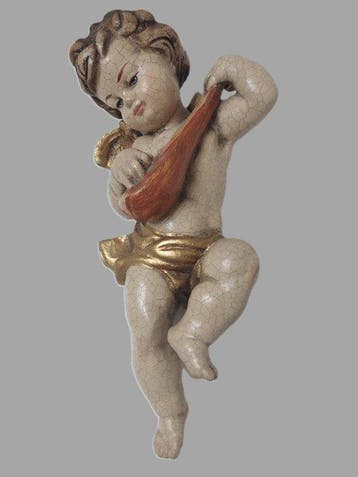 Snijwerk, Holzfigur - farbiger Engel mit Mandoline -, Antiquités & Art
