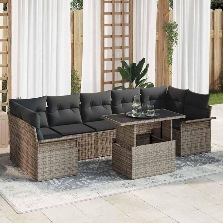 vidaXL Tuinbank Set met kussen 8 pcs Grijs poly rattan, Tuin en Terras, Tuinsets en Loungesets, Nieuw, Verzenden
