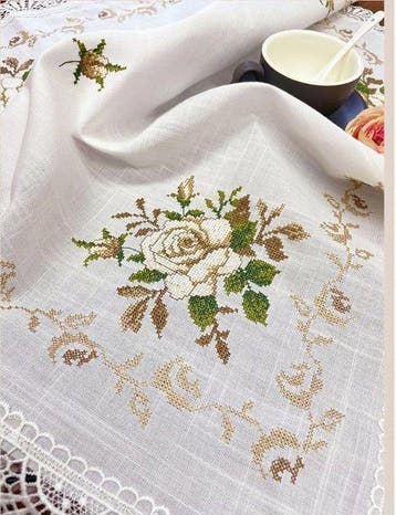 Nappe - 85 cm - 85 cm - nappe en lin au point de croix, Antiquités & Art