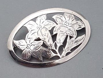 Zilver, Handarbeit Art Deco, Lelie - Broche, Antiek en Kunst