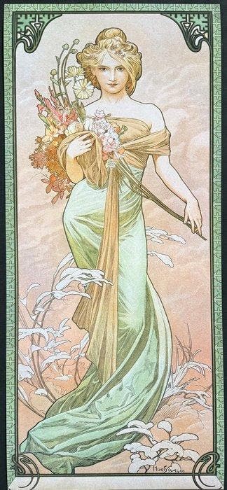 Marie Alphonse Mucha - “Spring II, 1900”. Gesigneerd in de