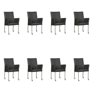 Set van 8 Leren eetkamerstoelen Comfort met wieltjes en, Ophalen of Verzenden, Nieuw, Leer, Eén