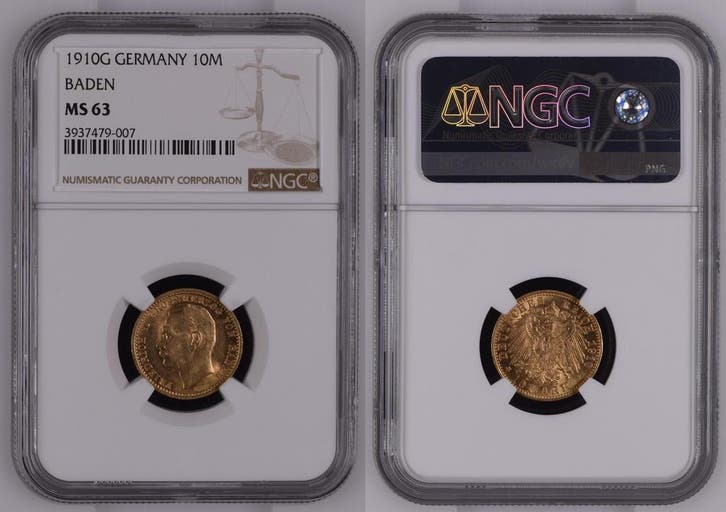 Duitsland 10 Mark Baden 1910 G Ngc Ms 63 3937479-007 J 19..., Timbres & Monnaies, Monnaies | Europe | Monnaies non-euro, Envoi