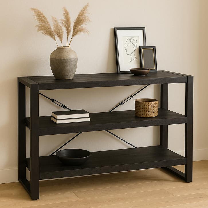 Boekenkast Mangohout Britt Laag 120 Zwart, Huis en Inrichting, Kasten | Boekenkasten, Nieuw, Overige houtsoorten, Verzenden