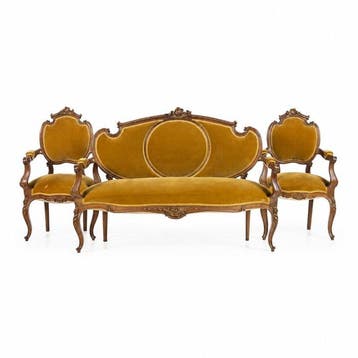 Canapé e um par de fauteuils - Canapé (3) - Hout, Textiel, Antiquités & Art, Antiquités | Meubles | Chaises & Canapés