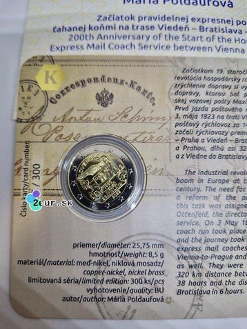 Slowakije. 2 Euro 2023 Stagecoaches Vienna-Bratislava -