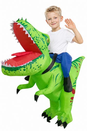 KIMU® Opblaas Kostuum Kinderen Rijdend op Velociraptor Groen, Ophalen of Verzenden