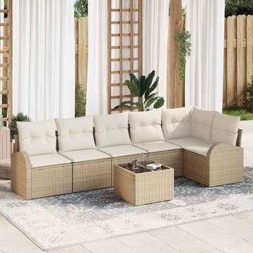 vidaXL Tuinbank Set 7 st Beige en Wit poly rattan, Verzenden