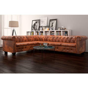 vidaXL Chesterfield Hoekbank / zetel 6-Zits Bruin Kunstleer, Verzenden, Nieuw