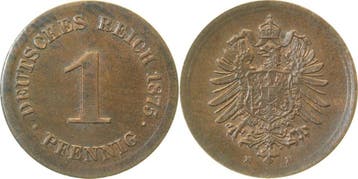 Duitsland 1 Pfennig 1875e J 001 ohne Ring gepraegt Unikat, Verzenden, België