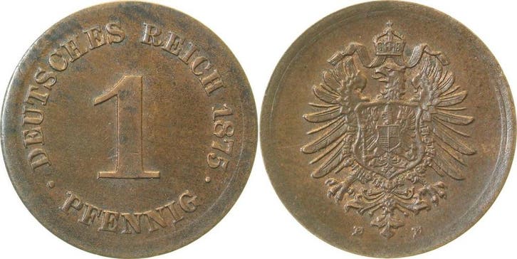 Duitsland 1 Pfennig 1875e J 001 ohne Ring gepraegt Unikat, Postzegels en Munten, Munten | Europa | Niet-Euromunten, België, Verzenden