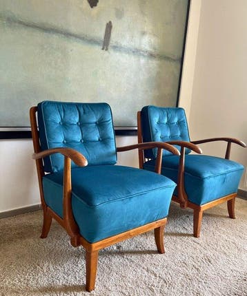 Gyula Kaesz - Fauteuil (2) - Hout, Fluweel - herstoffeerd