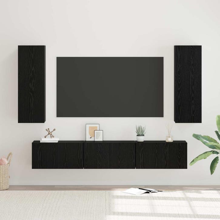 vidaXL Tv-meubelset Wandgemonteerd 5 pcs Zwart Eiken Bewerkt, Huis en Inrichting, Kasten |Televisiemeubels, Nieuw, Verzenden