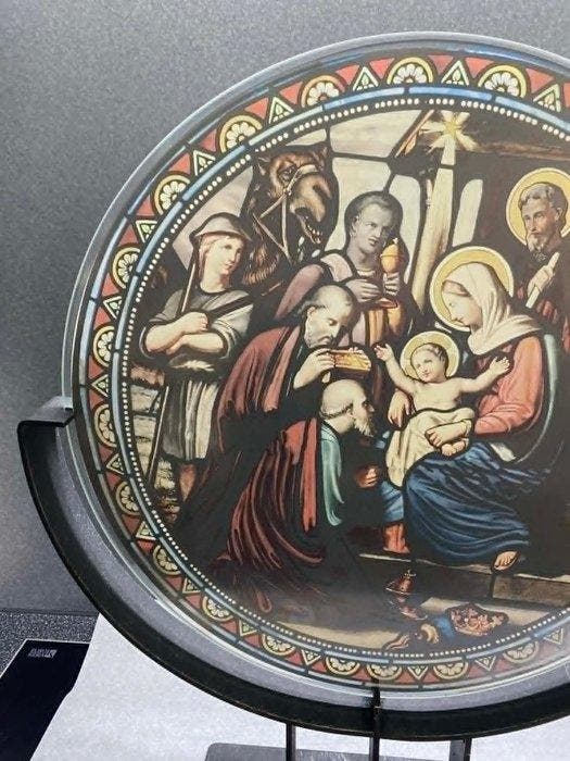 Ronde glasbeschildering - Aanbidding der Wijzen - 40 cm -, Antiek en Kunst, Antiek | Boeken en Manuscripten