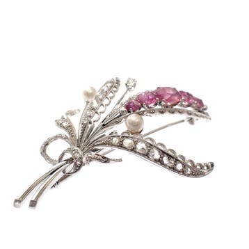 Witgouden florale broche gezet met spinel, parel en diama..., Bijoux, Sacs & Beauté, Broches, Ophalen of Verzenden