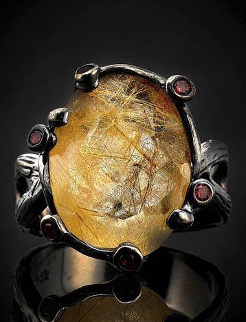 Gouden rutielkwarts ring - 925 sterlingzilver - zwarte, Verzamelen