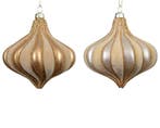 Kerstballen druppelvorm 10 cm flock goud en beige, Nieuw