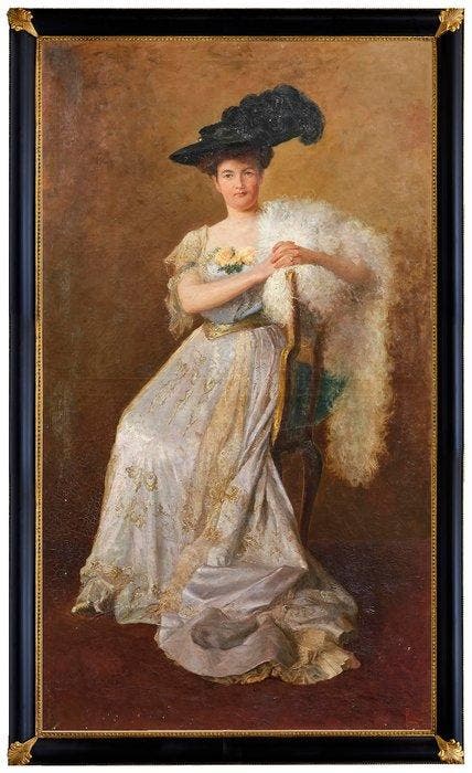 Scuola Romana (inizio XX) - Ritratto di Signora seduta con, Antiek en Kunst, Kunst | Schilderijen | Klassiek