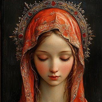 CAMILART.ES_(2002) - RED MADONNA PRAYING ON A WOOD TABLE