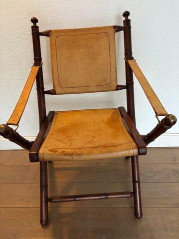 Chaise pliante - Cuir, Bois, Laiton - Officiers, Antiquités & Art
